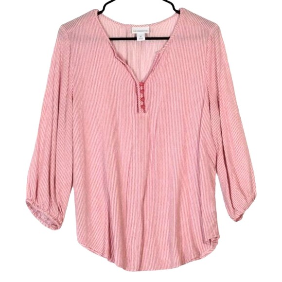 LIZ Clayborne Top Women's M Long Gathered Sleeve VNeck Popover Pink White Stripe - Picture 1 of 10